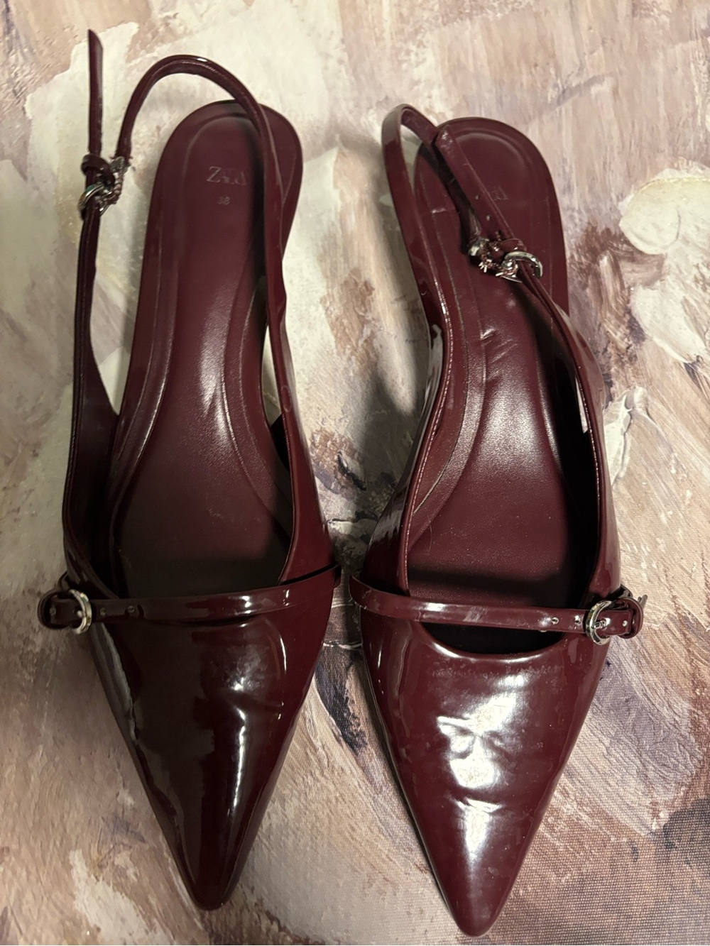 Zara Patent Burgundy Pointed Slingback Flats with Strap Detail
